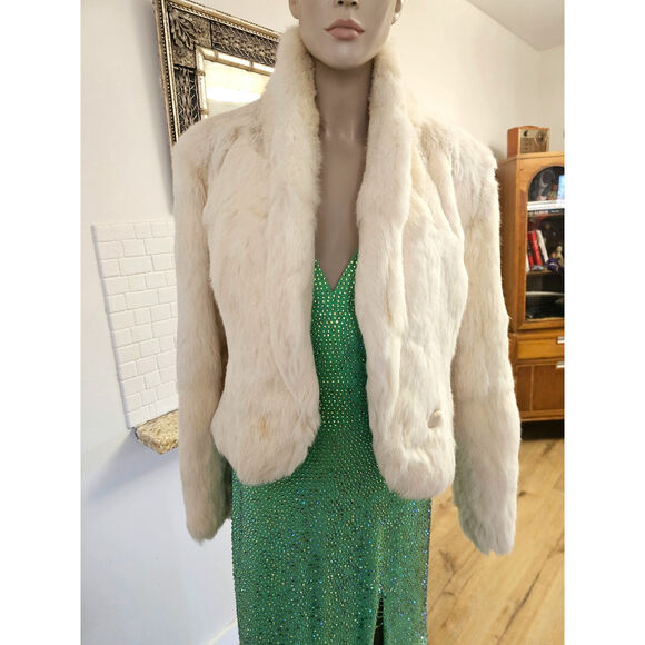 Vtg White Cream Rabbit Fur Coat Cropped Cream Satin Lined Glam Mob Wife Club M - Picture 3 of 16